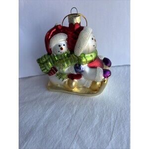 Vintage Glass Snowman Sled Ornament Hand Painted Glitter Christmas Holiday